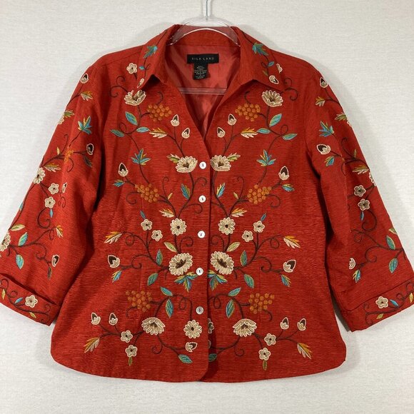 Silk Land Red Floral Embroidered Artsy 100% Silk 3/4 Sleeve Light Jacket Large - Picture 1 of 9